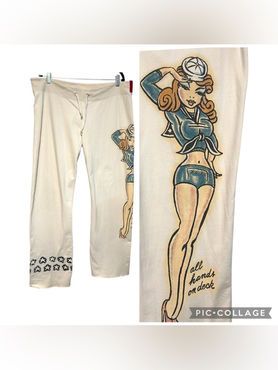 Lucky Brand Pants - RARE lucky brand L-XL sweatpants naval pin up girl tattoo art vintage wide leg